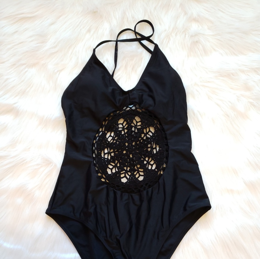 Black One Piece Crochet Cutout V Neck Swimsuit